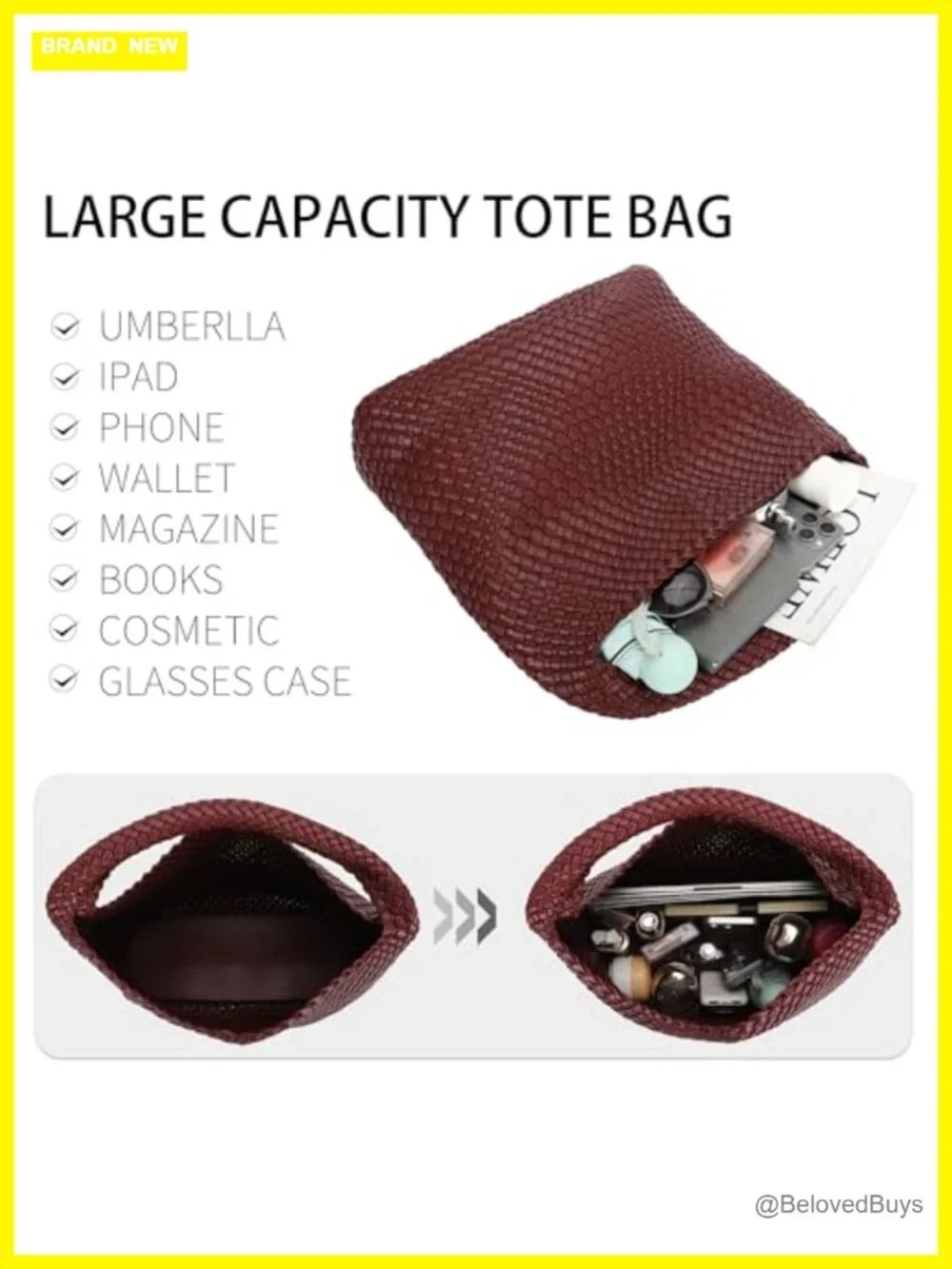 Woven Vegan Leather Hobo Tote Bag with Magnetic Closure Shoulder Bag